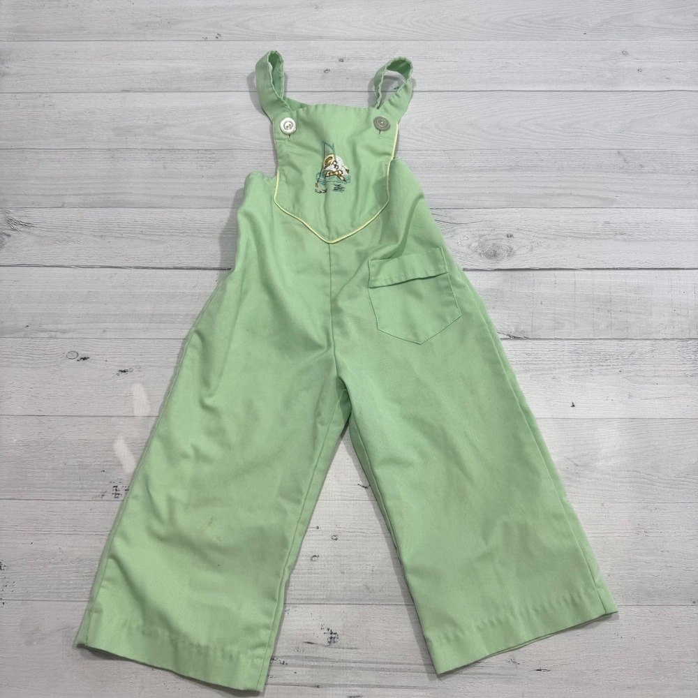 Vintage baby toddler light green overalls fishing embroidery no size